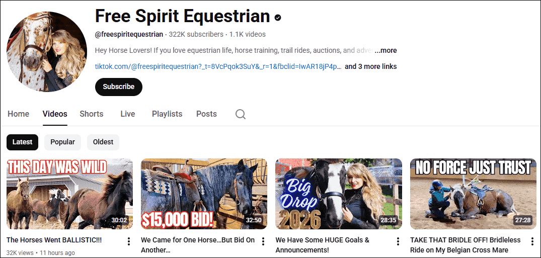 The homepage of the equestrian YouTubers, Free Spirit Equestrian.