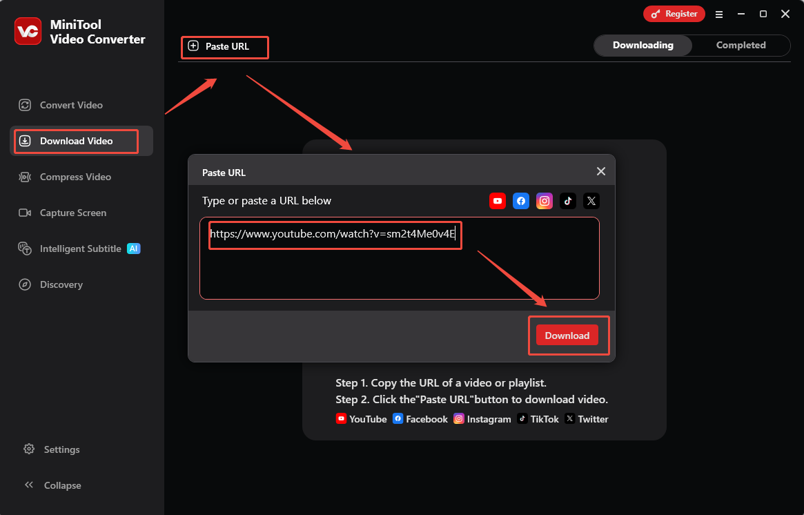 The MiniTool Video Converter interface showing how to use a URL to download a video.