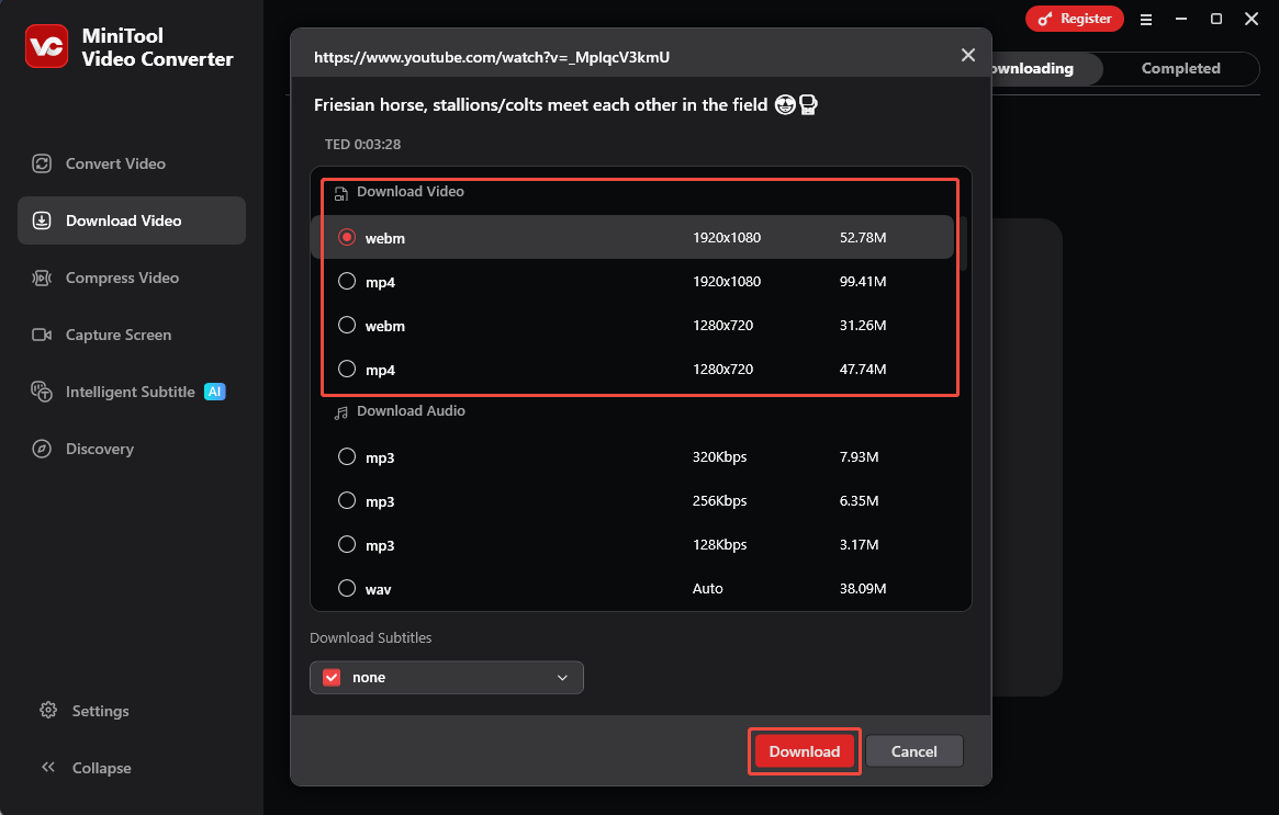 The MiniTool Video Converter interface with the Download Video module and Download option selected.