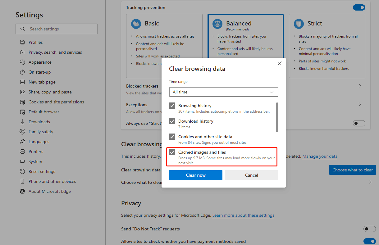 Borrar la caché en Edge.