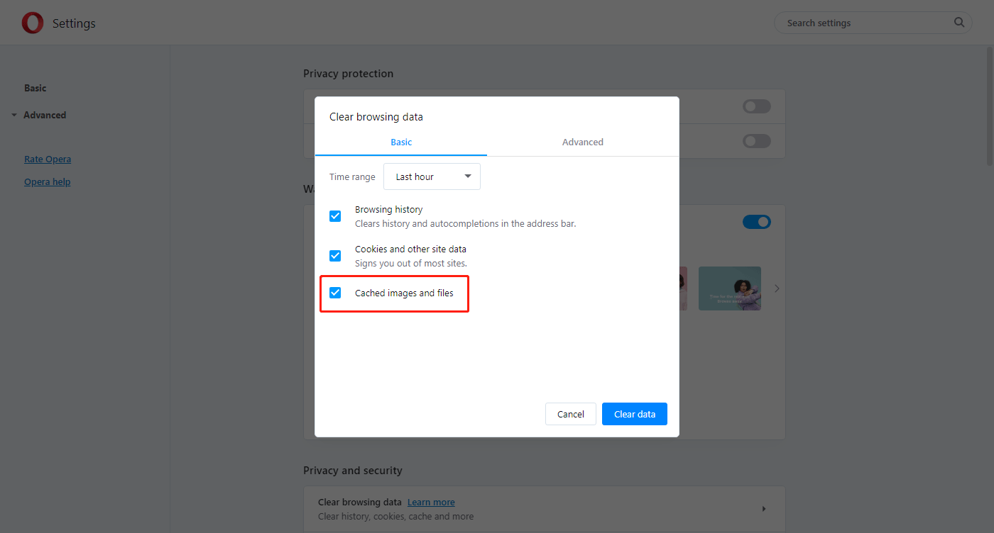 Borrar la caché en Opera.