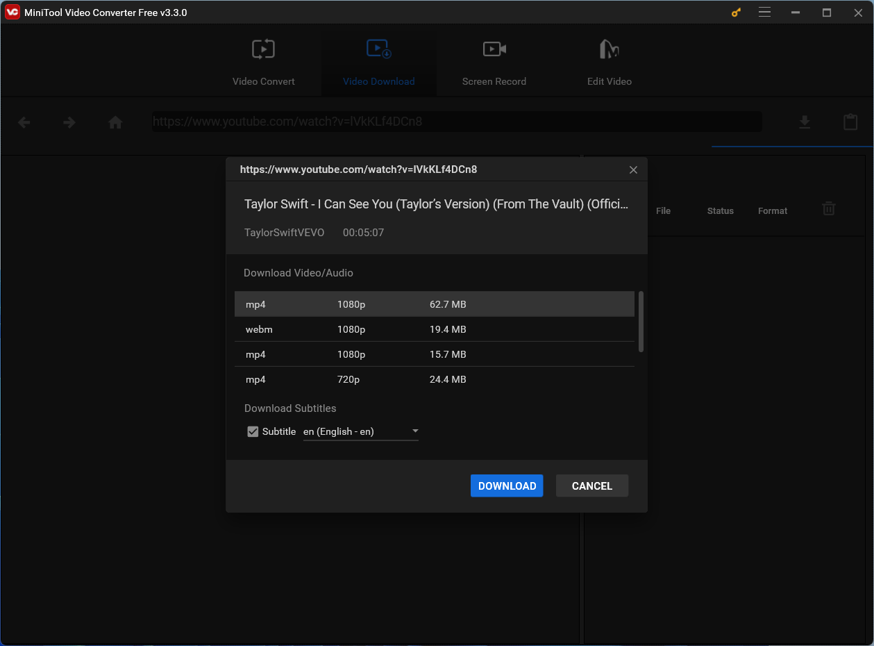 Elige el formato de vídeo para descargar.