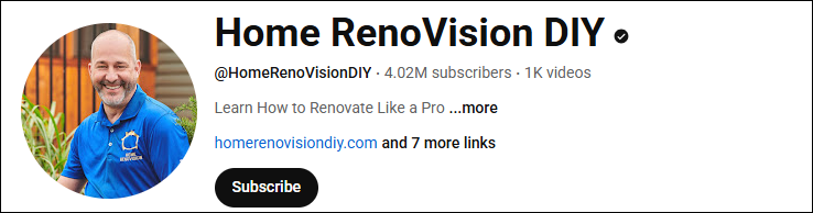 The main interface of the home renovation YouTube channel, Home RenoVision DIY.