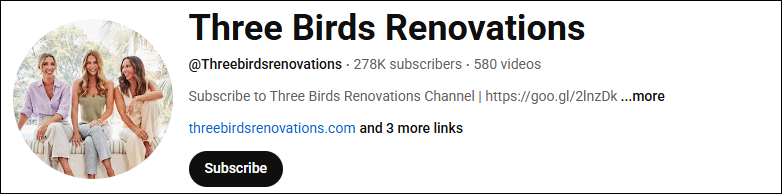 The main interface of the home renovation YouTube channel, Three Birds Renovations.