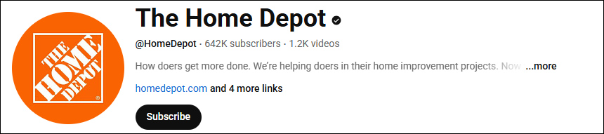 The main interface of the home renovation YouTube channel, The Home Depot.