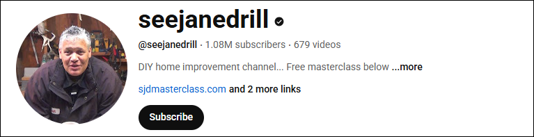 The main interface of the home renovation YouTube channel, seejanedrill.