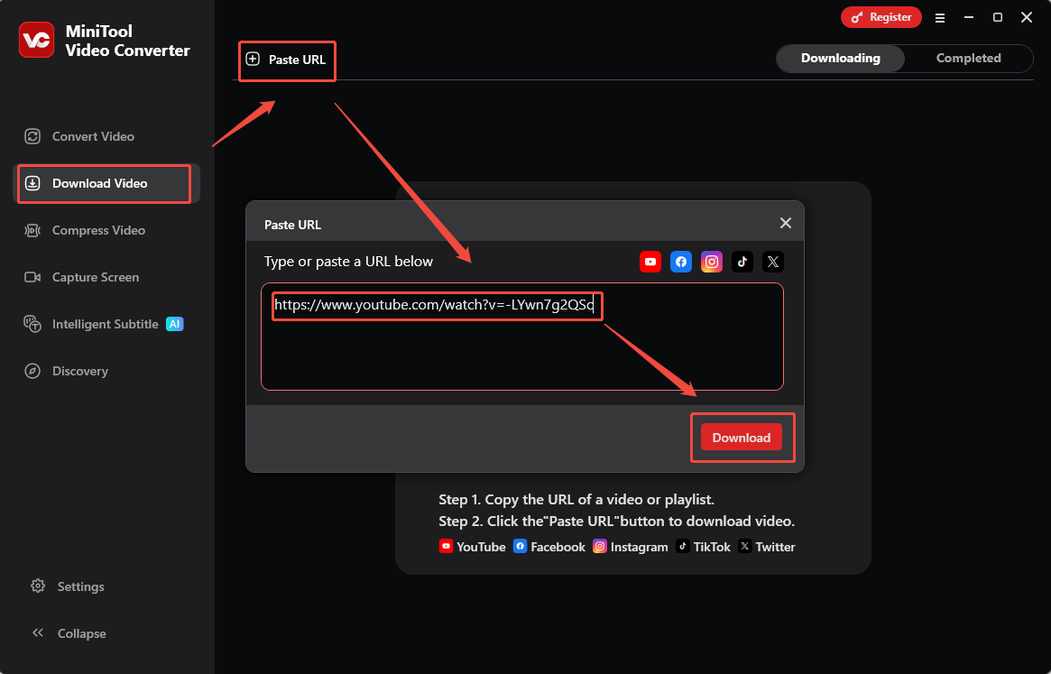 The MiniTool Video Converter interface showing how to use a URL to download a video.