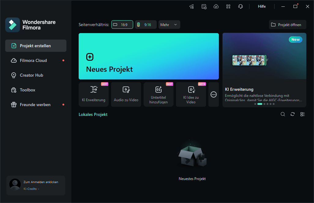 Die Hauptoberfläche von Wondershare Filmora.