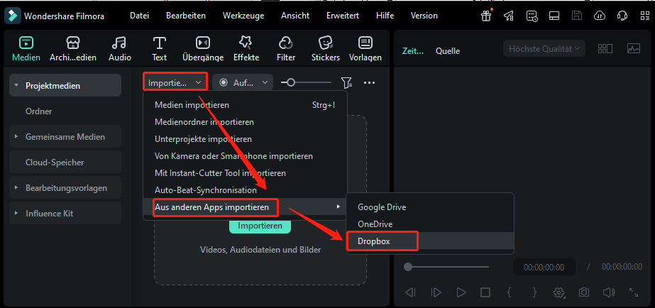 Erweitern Sie das Import-Menü, klicken Sie auf Importieren aus anderen Apps und wählen Sie Dropbox, um YouTube-Musik direkt aus Dropbox zu Filmora zu importieren.