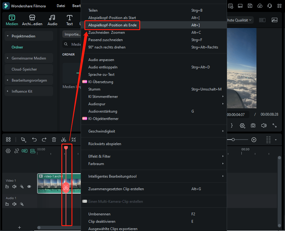 Ziehen Sie den Abspielkopf an das Ende des Videoclips und wählen Sie Auf Abspielkopf kürzen, um die Musik in Filmora zu schneiden.