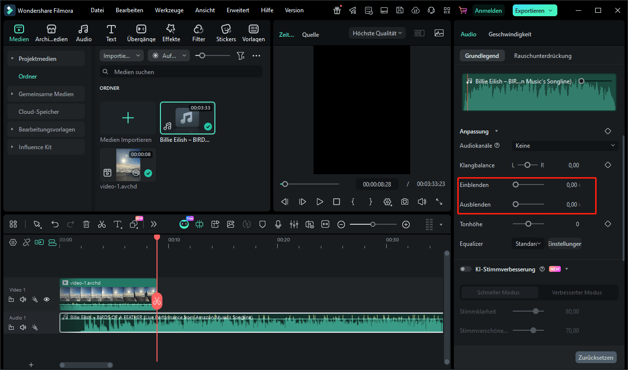 Ziehen Sie die entsprechenden Regler oder geben Sie die Dauer in Sekunden ein, um Ein- und Ausblenden in Filmora festzulegen.