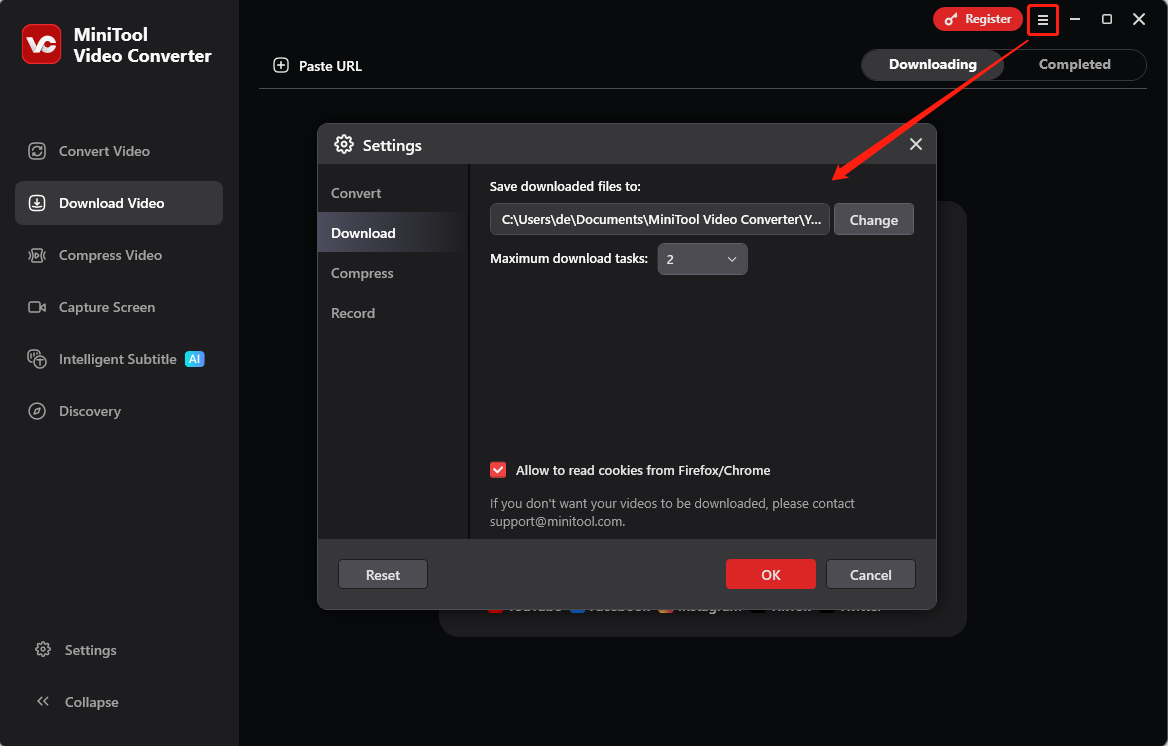 Ändern des Standardspeicherordners für heruntergeladene Dateien und Anpassen der maximalen Download-Aufgaben in MiniTool Video Converter.