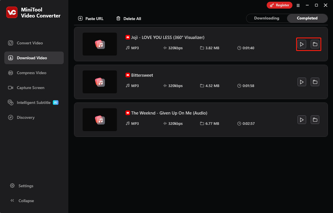 Klicken Sie auf das Wiedergabesymbol oder das Ordnersymbol im Tab Abgeschlossen von MiniTool Video Converter.