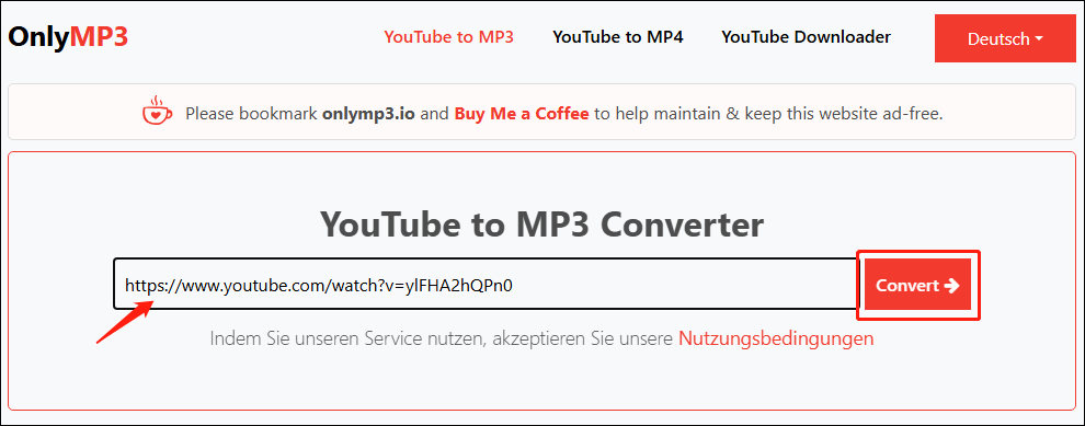 Fügen Sie den Musiklink ein und klicken Sie auf Convert auf der Website von OnlyMP3.