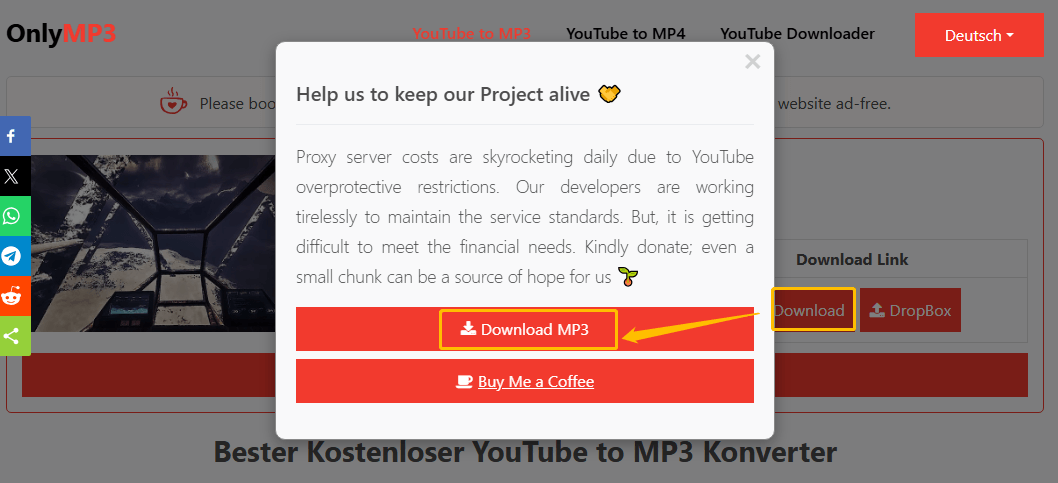 Klicken Sie auf Download und dann auf Download MP3, um das Video über OnlyMP3 als MP3-Datei zu speichern.