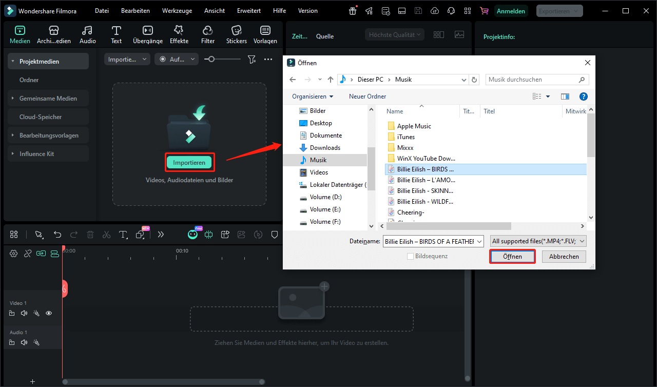 Klicken Sie auf Importieren und dann auf Öffnen, um heruntergeladene YouTube-Musik zu Filmora zu importieren.