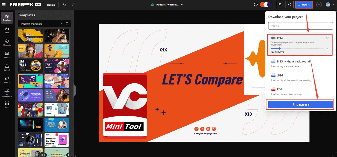 Freepik interface that shows how to export the edited podcast YouTube thumbnail.