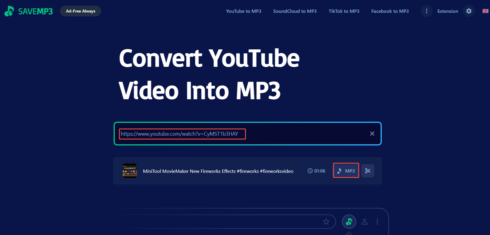 SaveMp3 interface with the YouTube video link pasted and the Mp3 option selected.