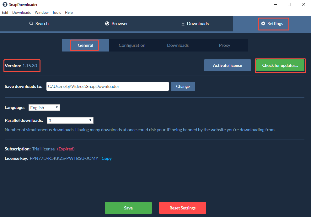 Einstellungen > Allgemein, Versionsinformationen und Update-Informationen von SnapDownloader.