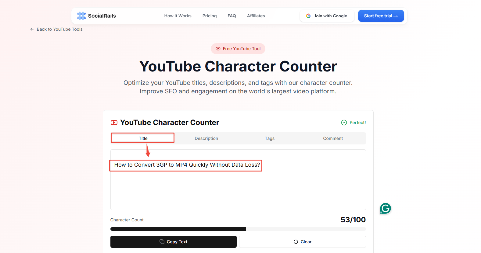 SocialRails’s YouTube character counter interface that shows how to count the characters.