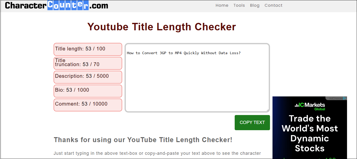 CharacterCounter.com’s interface that shows how to count the characters.