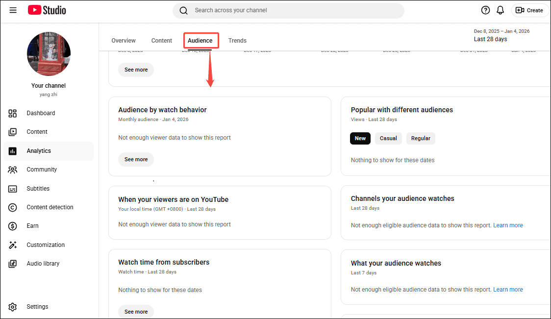 The YouTube Studio interface showing how to check the YouTube demographics.