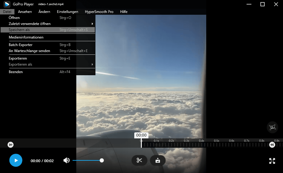 Klick auf die Registerkarte Datei und Auswahl der Option Speichern unter als im GoPro Player.