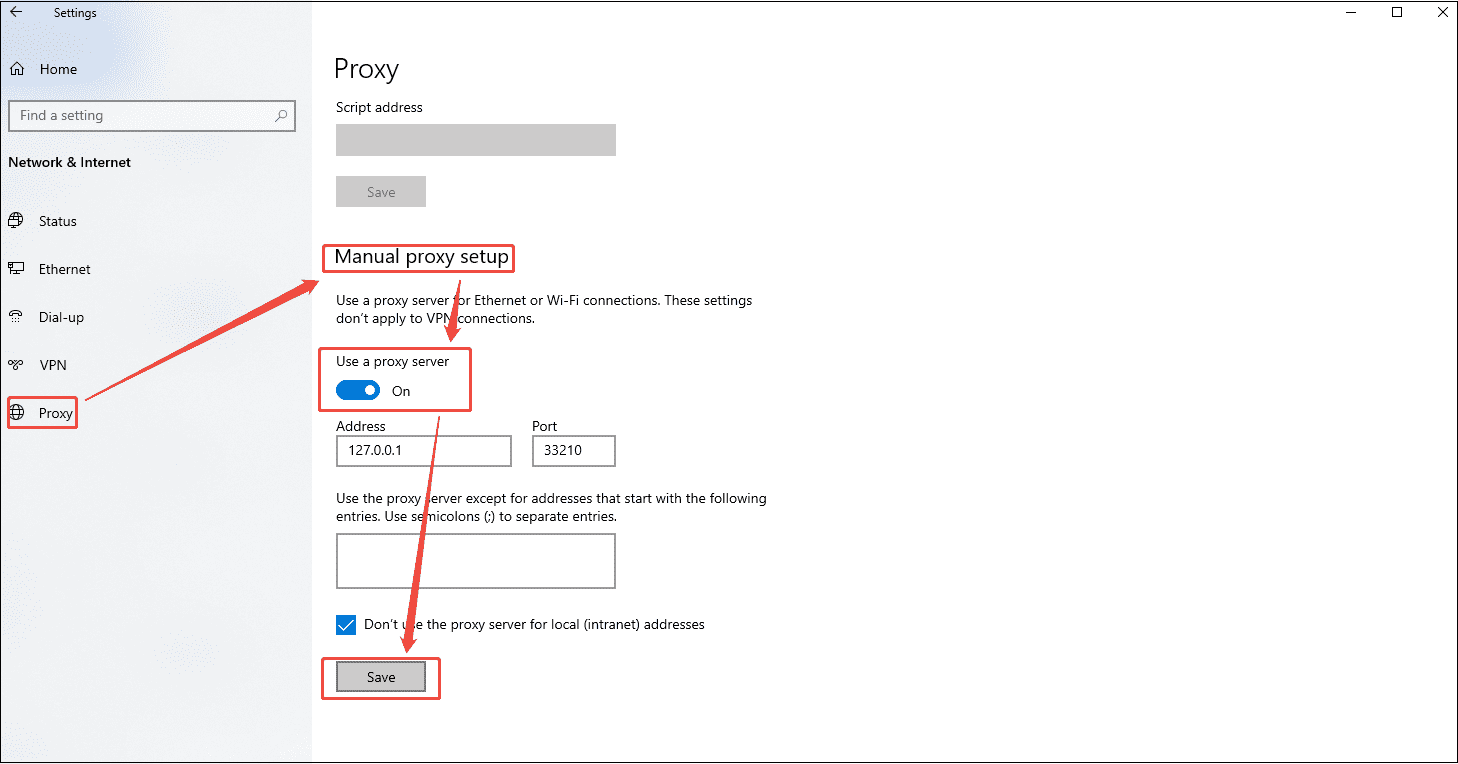 Network & Internet Settings interface that shows how to enable a proxy server.