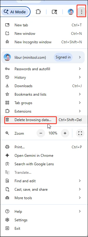 Google Chrome interface that shows how to expand the More menu and enter the Deleted browsing data interface.