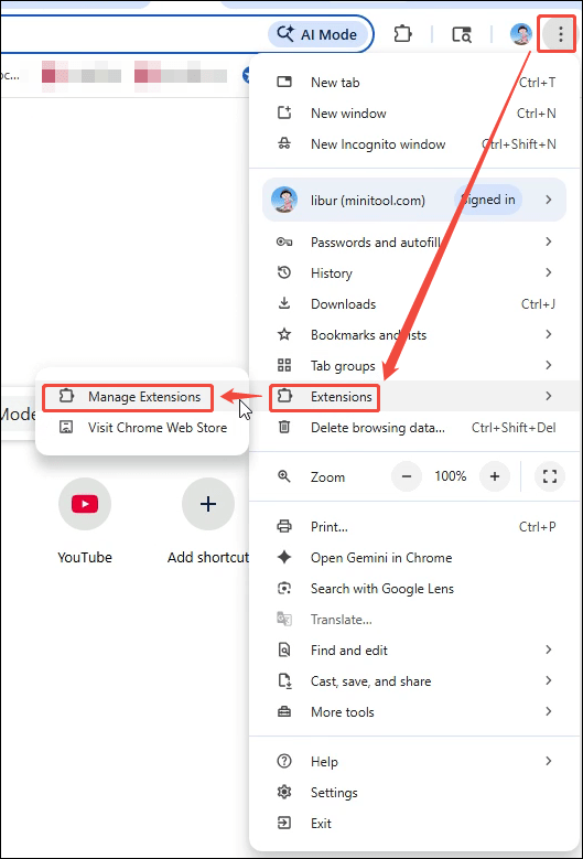 Google Chrome interface that shows how to enter the Manage Extensions window.