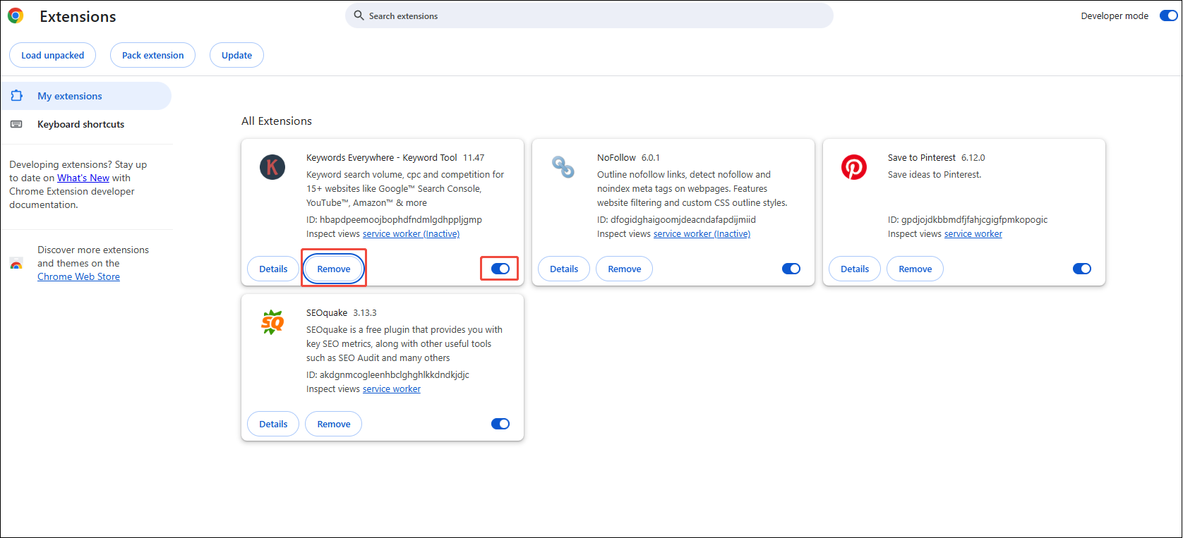Manage Extension interface that shows how to disable or remove the extension.