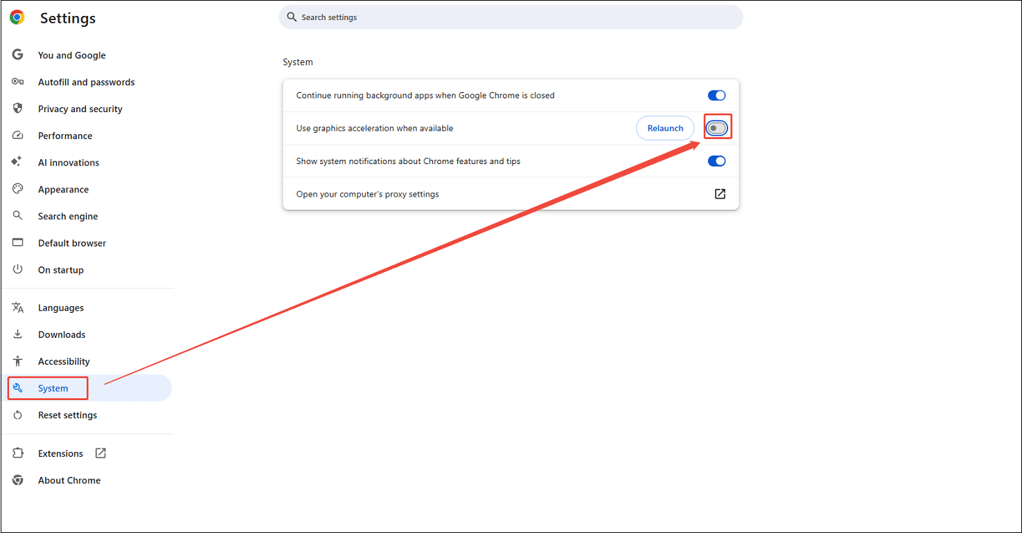 Google Chrome Settings interface that shows how to disable the graphics acceleration under the System section.
