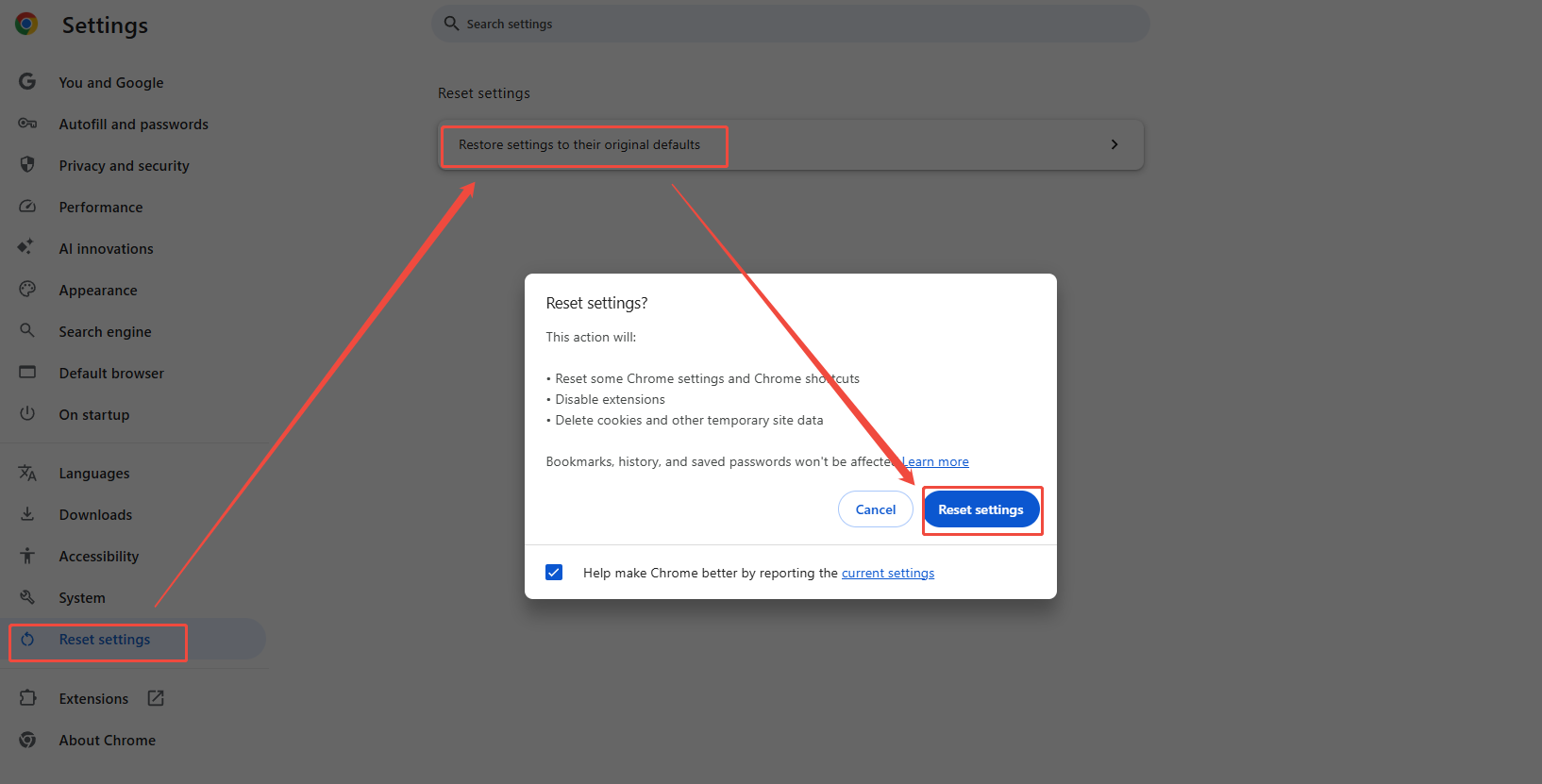 Google Chrome Settings interface that shows how to reset browser settings.