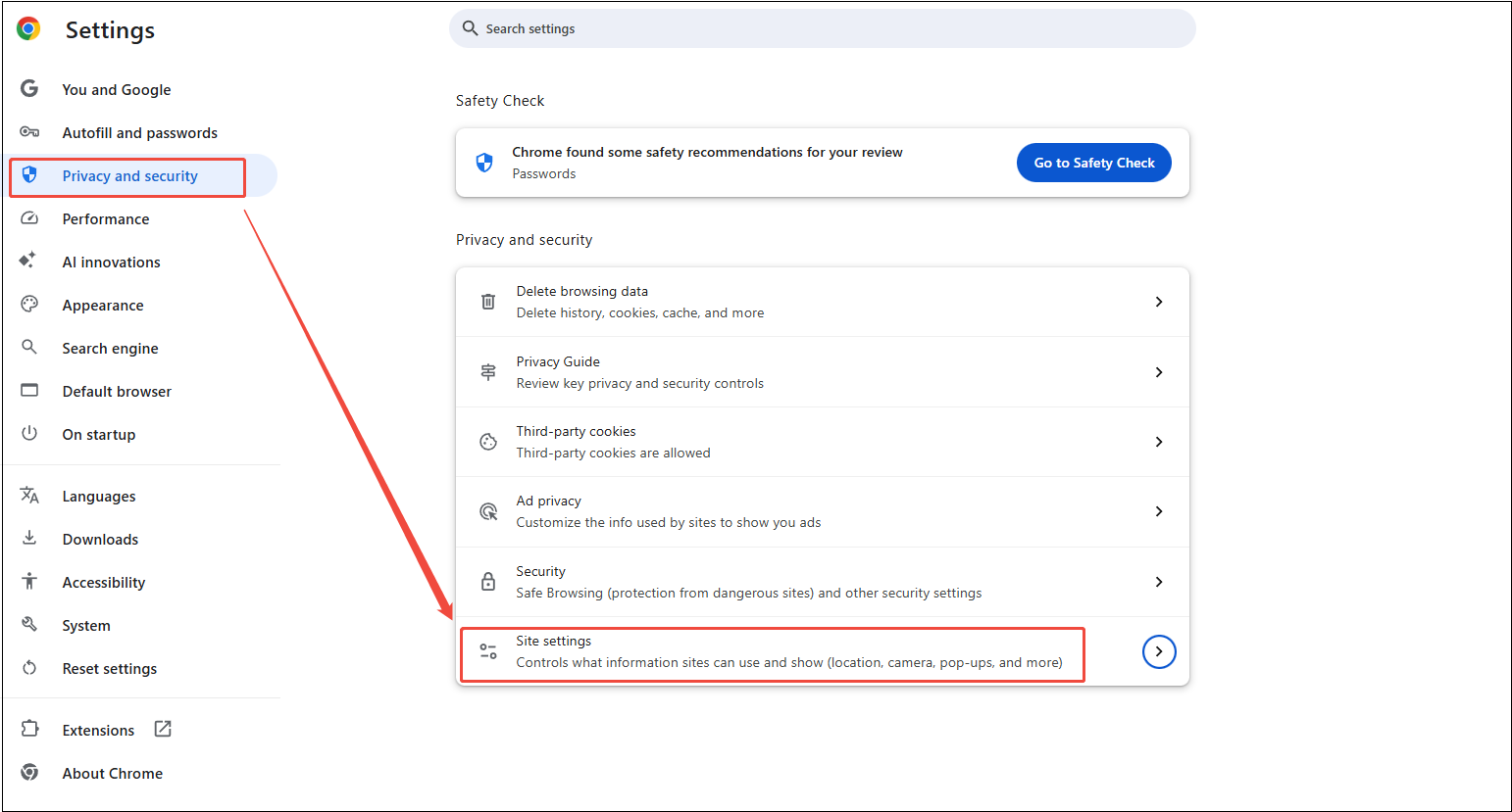 Google Chrome Settings interface with Site settings option under the Privacy and security section selected.
