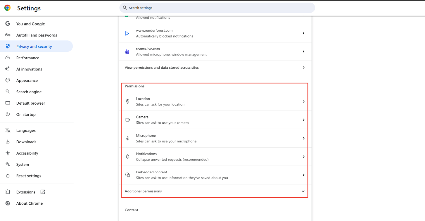 Google Chrome Site setting interface to manage permissions.