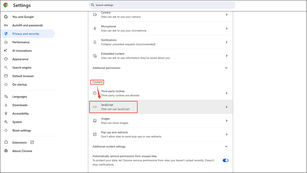 Google Chrome Site setting interface with the JavaScript option under Content selected.