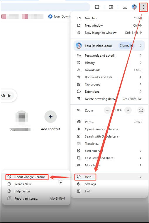 Google Chrome interface that shows how to enter the About Google Chrome window.