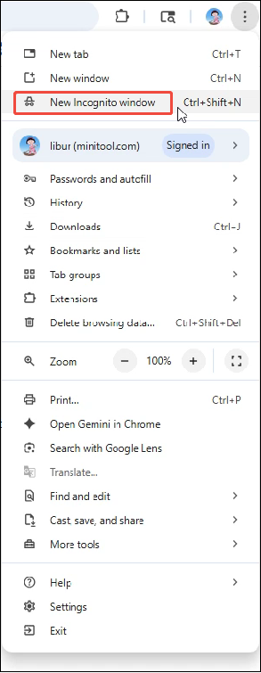Google Chrome interface with the New Incognito window option selected in the More options list.