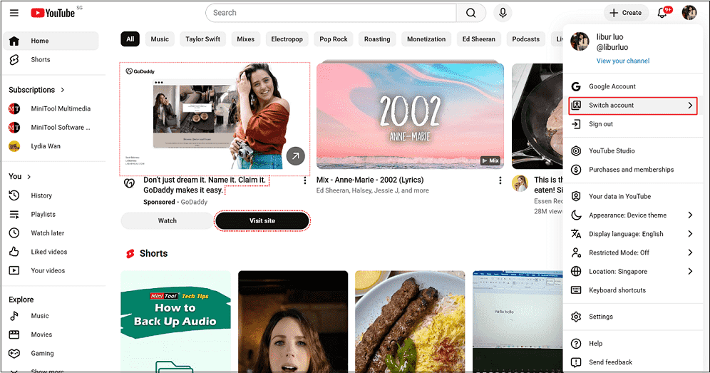 YouTube interface with the Switch account option selected within the account option list.