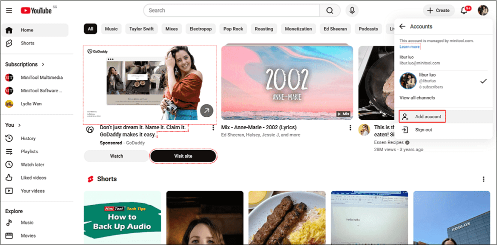 YouTube interface with the Add account option under Switch account selected.