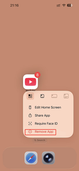 The phone homepage with the Remove App option selected for the YouTube app.