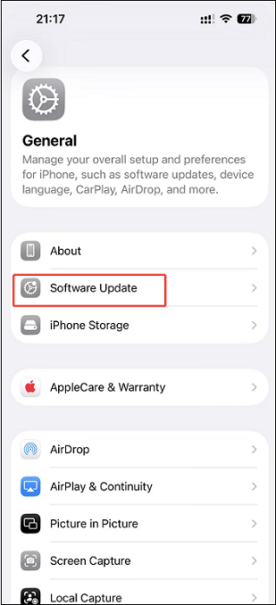 The iPhone Settings interface with the Software Update option under General selected.