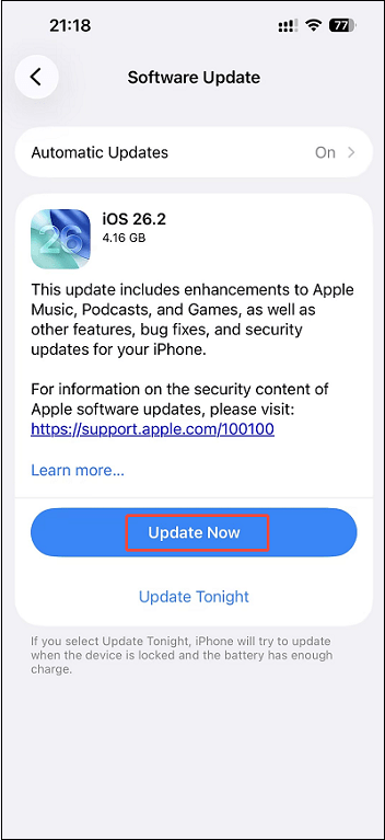 iPhone Software Update interface with the Update Now option selected.