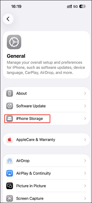 The General Settings interface with the iPhone Storage option selected.
