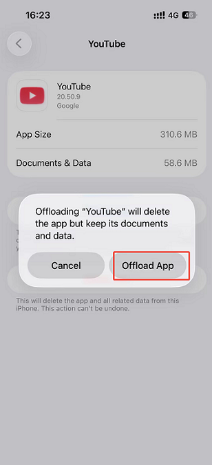 iPhone Storage interface with the Offload App option selected for the YouTube app.