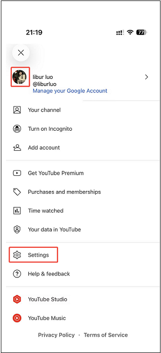YouTube app interface with the Settings option selected under the account option list.