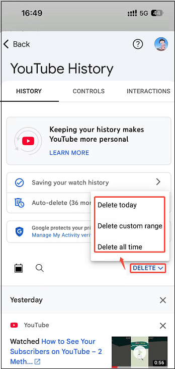 YouTube History window showing how to select a period of history to delete.