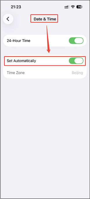 iPhone Data & Time settings interface with the Set Automatically option selected.