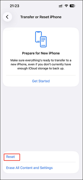 Transfer or Reset iPhone interface with the Reset option selected.