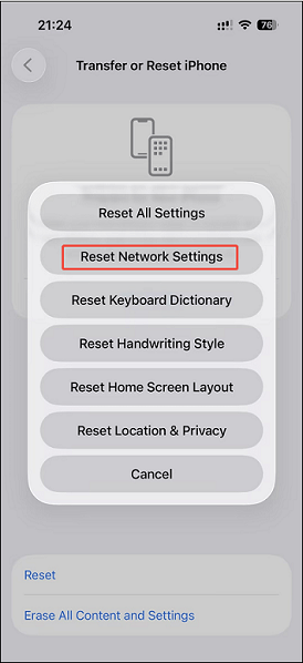 Transfer or Reset iPhone interface with the Reset Network Settings selected.
